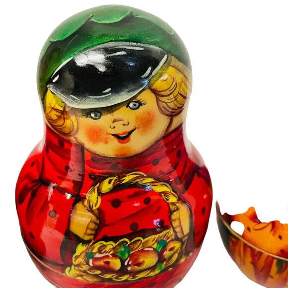 Vintage Hand-Painted Russian Nesting Dolls Set Of 5 Winter Party Blue Scarf - Picture 7 of 16